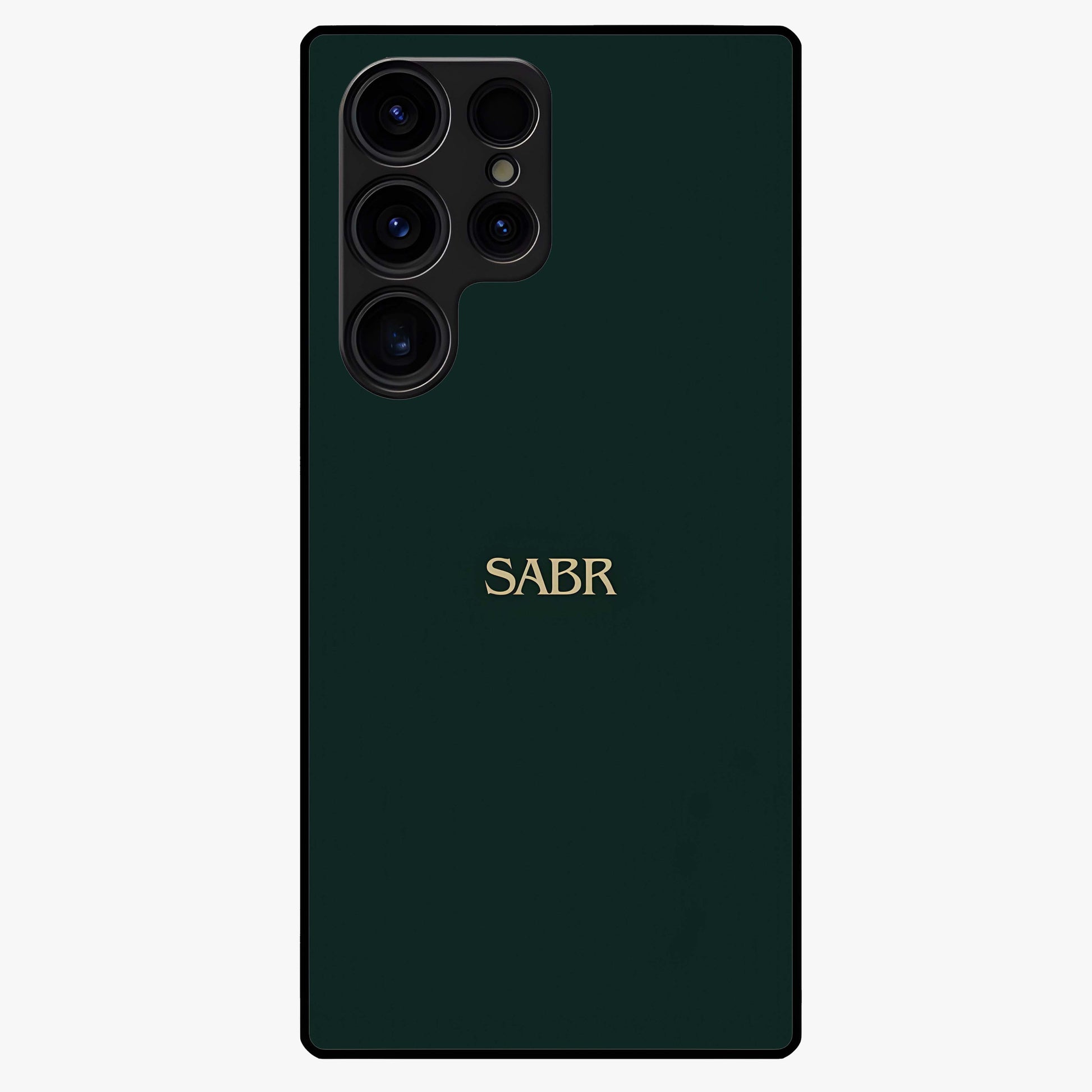 Sabr Minimal Patience Glass Case showing flat back view with minimalist typography artwork and glossy glass finish.