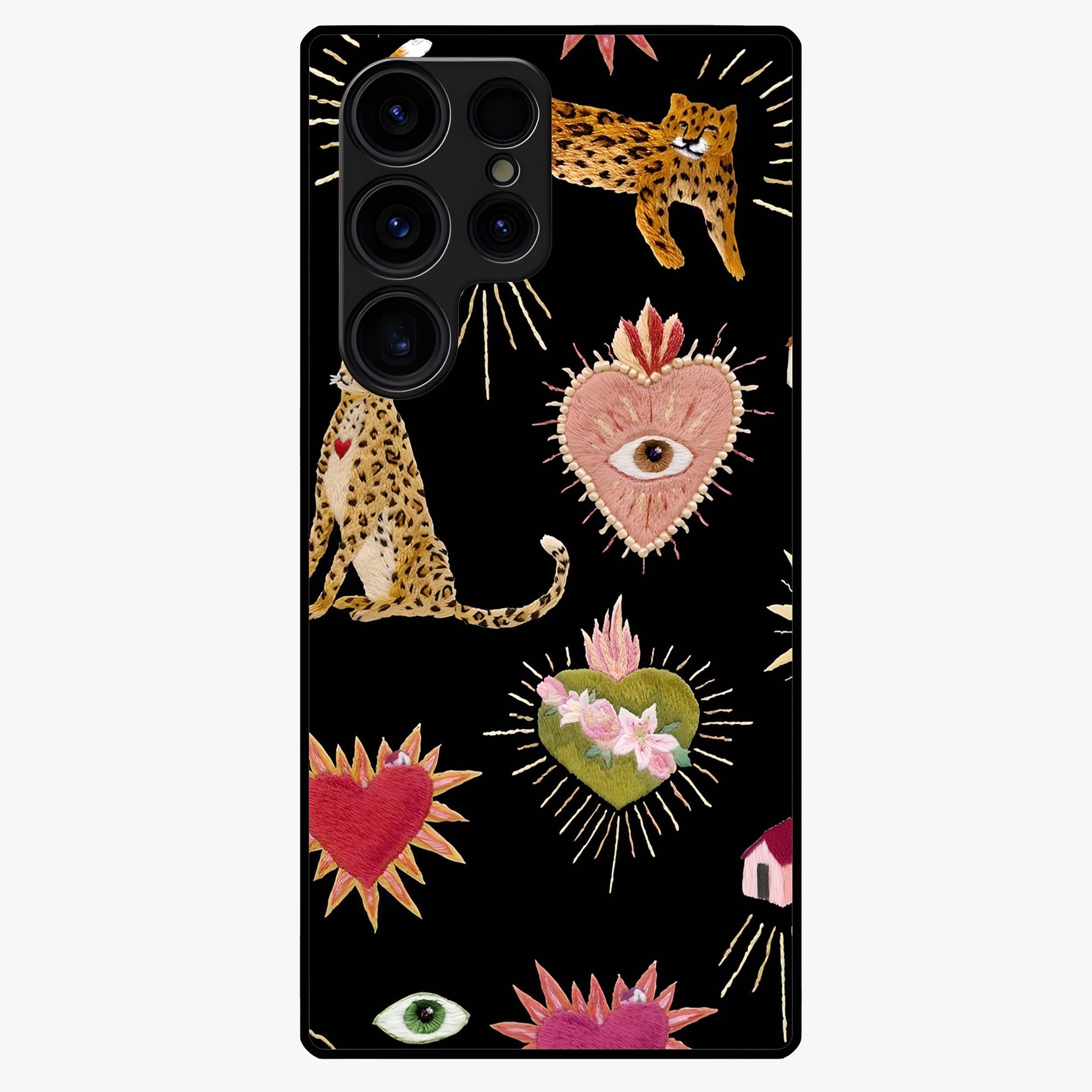 Sacred Jungle Heart Glass Case showing flat back view with jungle inspired heart artwork and glossy glass finish.