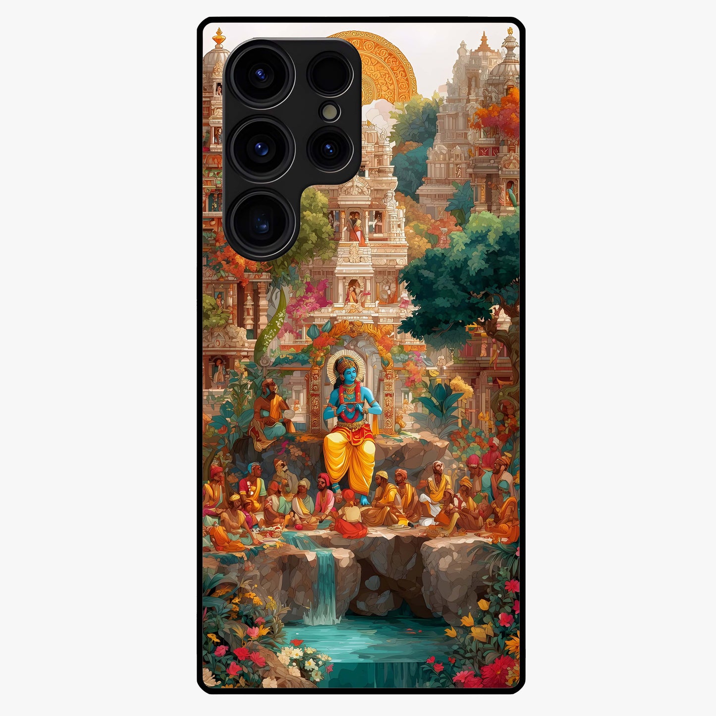 Sacred Sunlight Gods Glass Case showing flat back view with divine sunlight themed artwork and glossy glass finish.