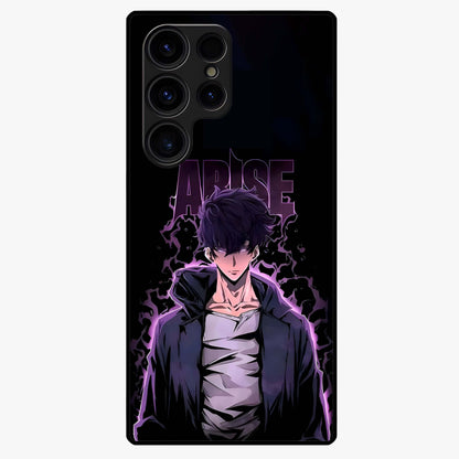 Shadow Monarch Awakening Glass Case showing flat back view with powerful dark monarch themed artwork and glossy glass finish.