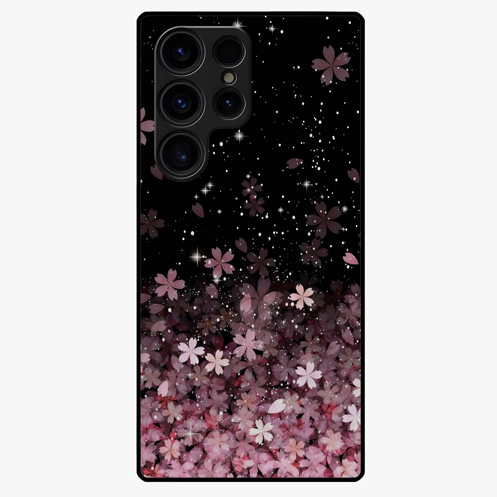 Small Starry Flowers Glass Case showing flat back view with delicate starry floral artwork and glossy glass finish.
