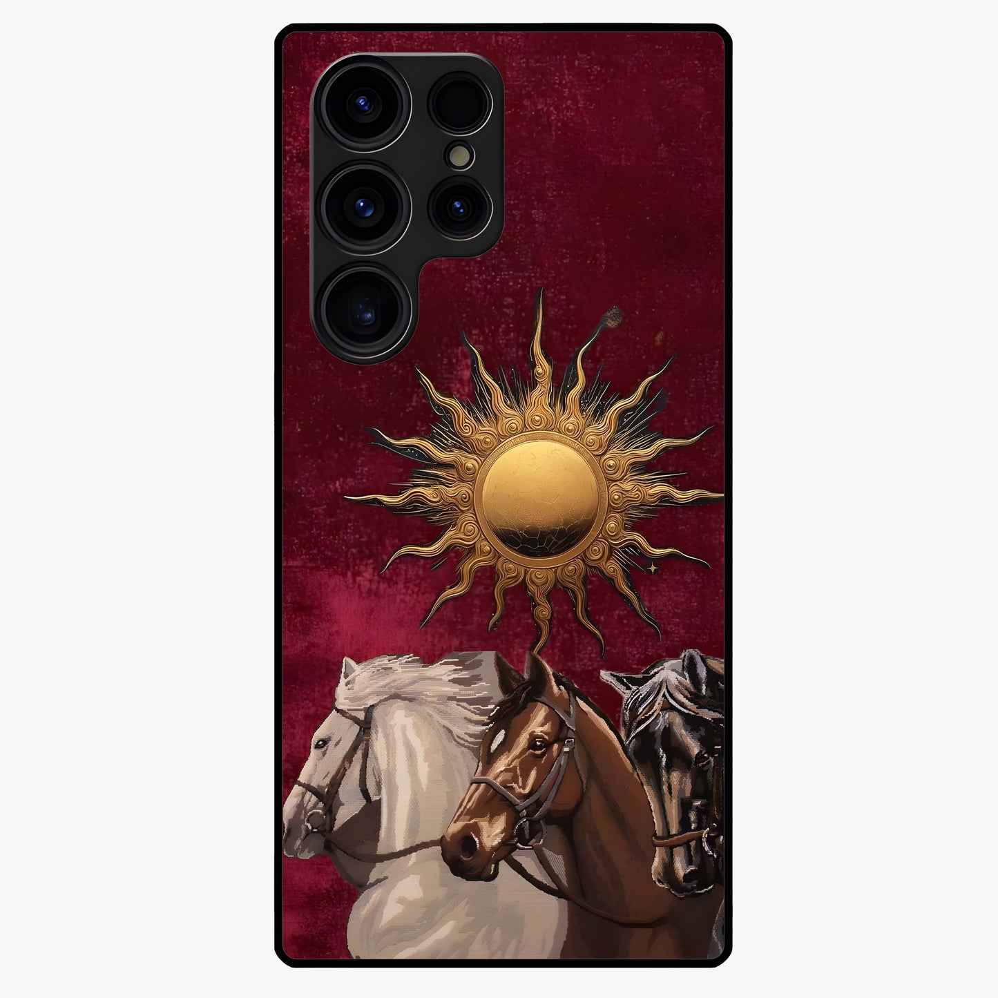 Solar Riders Glass Case showing flat back view with dynamic rider themed artwork and glossy glass finish.