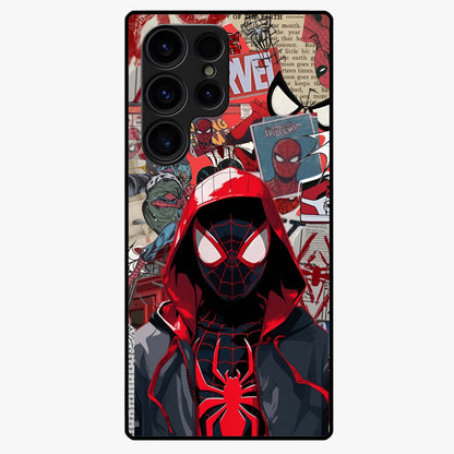 Spider Collage Street Glass Case showing flat back view with vibrant superhero collage artwork and glossy glass finish.