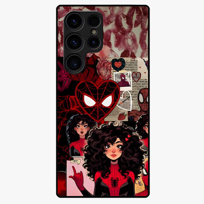 Spider Love Story Glass Case showing flat back view with romantic superhero themed artwork and glossy glass finish.