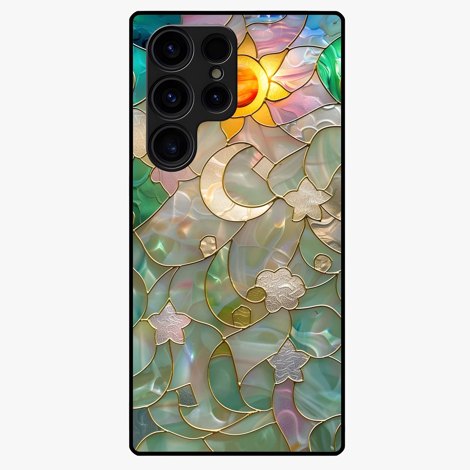Stained Sunrise Glow Glass Case showing flat back view with glowing sunrise stained pattern artwork and glossy glass finish.