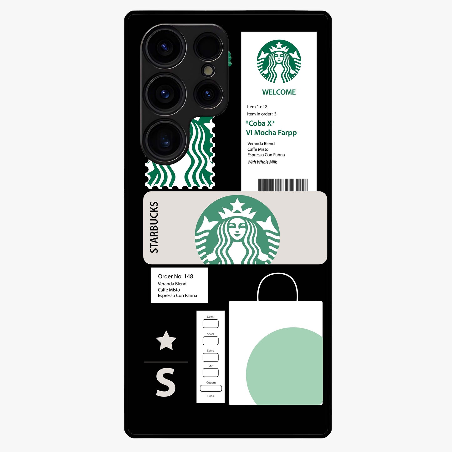 Starbucks Mocha Glass Case showing flat back view with coffee inspired artwork and glossy glass finish.