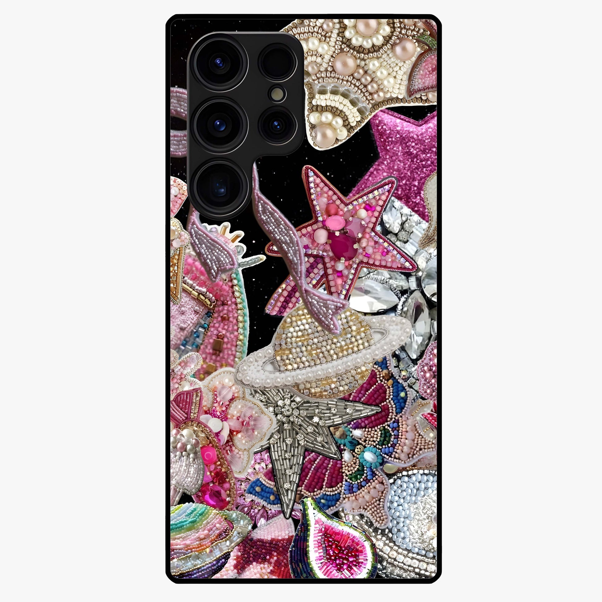 Starlit Jewel Dream Glass Case showing flat back view with sparkling jewel and star themed artwork and glossy glass finish.