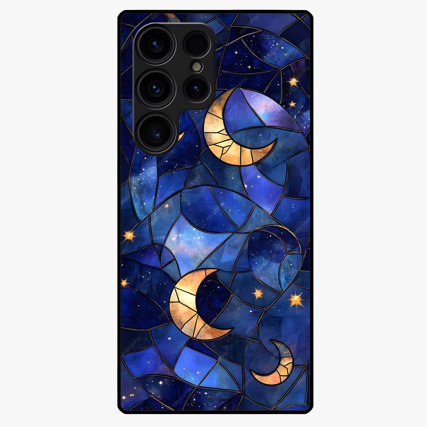 Starlit Sky Tapestry Glass Case showing flat back view with decorative starry sky tapestry artwork and glossy glass finish.