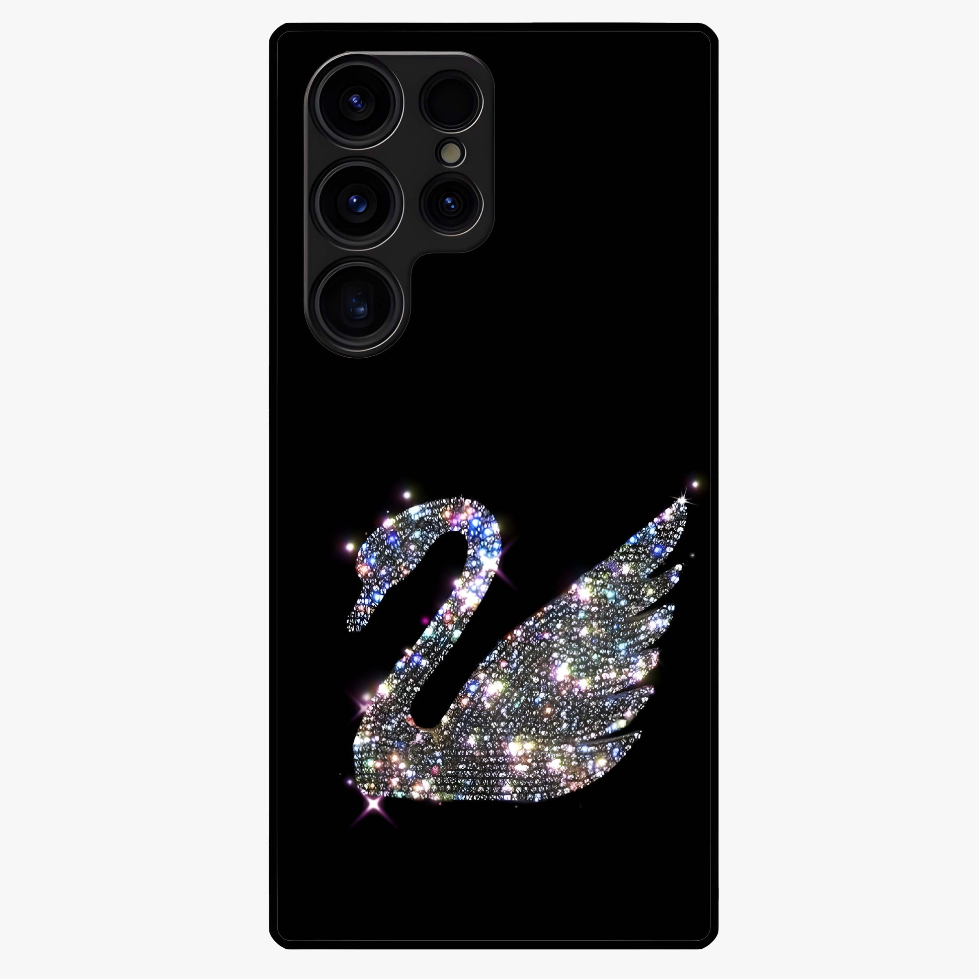 Starlit Swan Grace Glass Case showing flat back view with graceful swan artwork under starry sky and glossy glass finish.