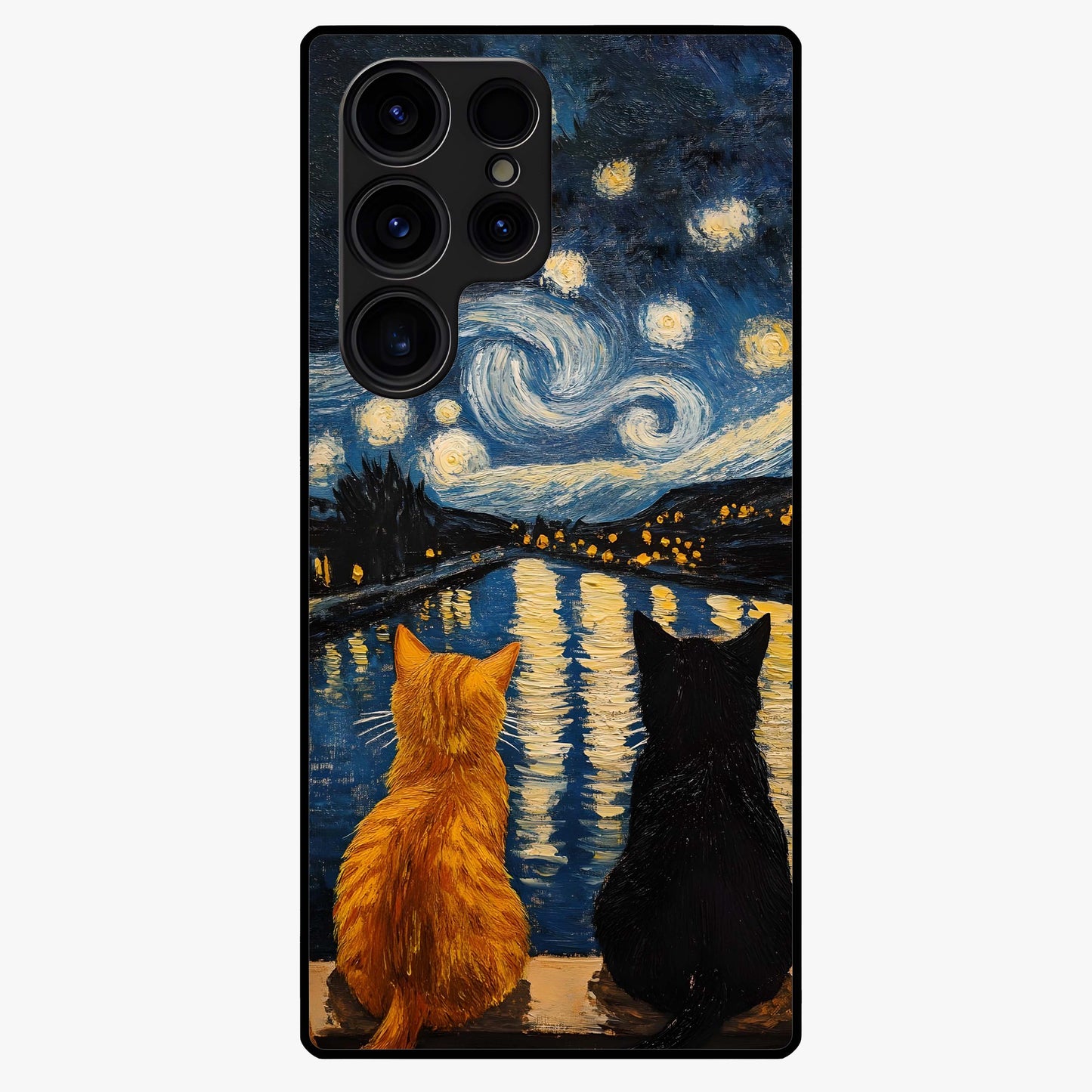 Starry River Cats Glass Case showing flat back view with cats by a starry river artwork and glossy glass finish.