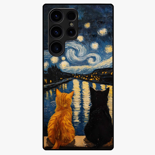 Starry River Cats Glass Case showing flat back view with cats by a starry river artwork and glossy glass finish.