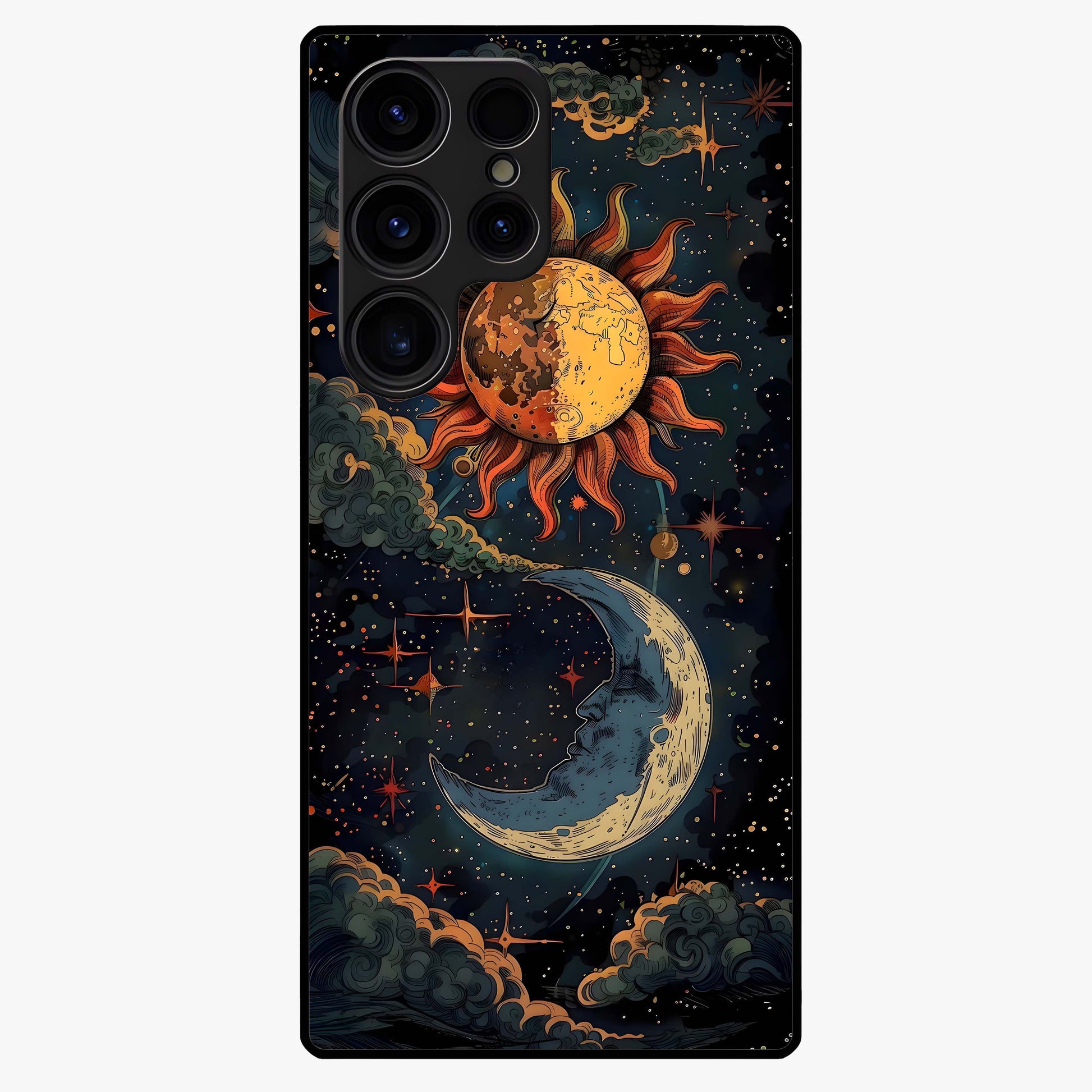 Sun And Moon Magic Design Glass Case showing flat back view with mystical sun and moon artwork and glossy glass finish.