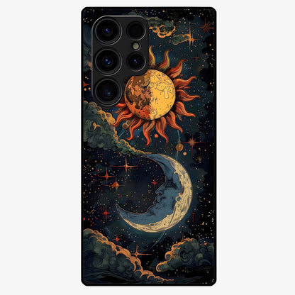 Sun And Moon Magic Design Glass Case showing flat back view with mystical sun and moon artwork and glossy glass finish.