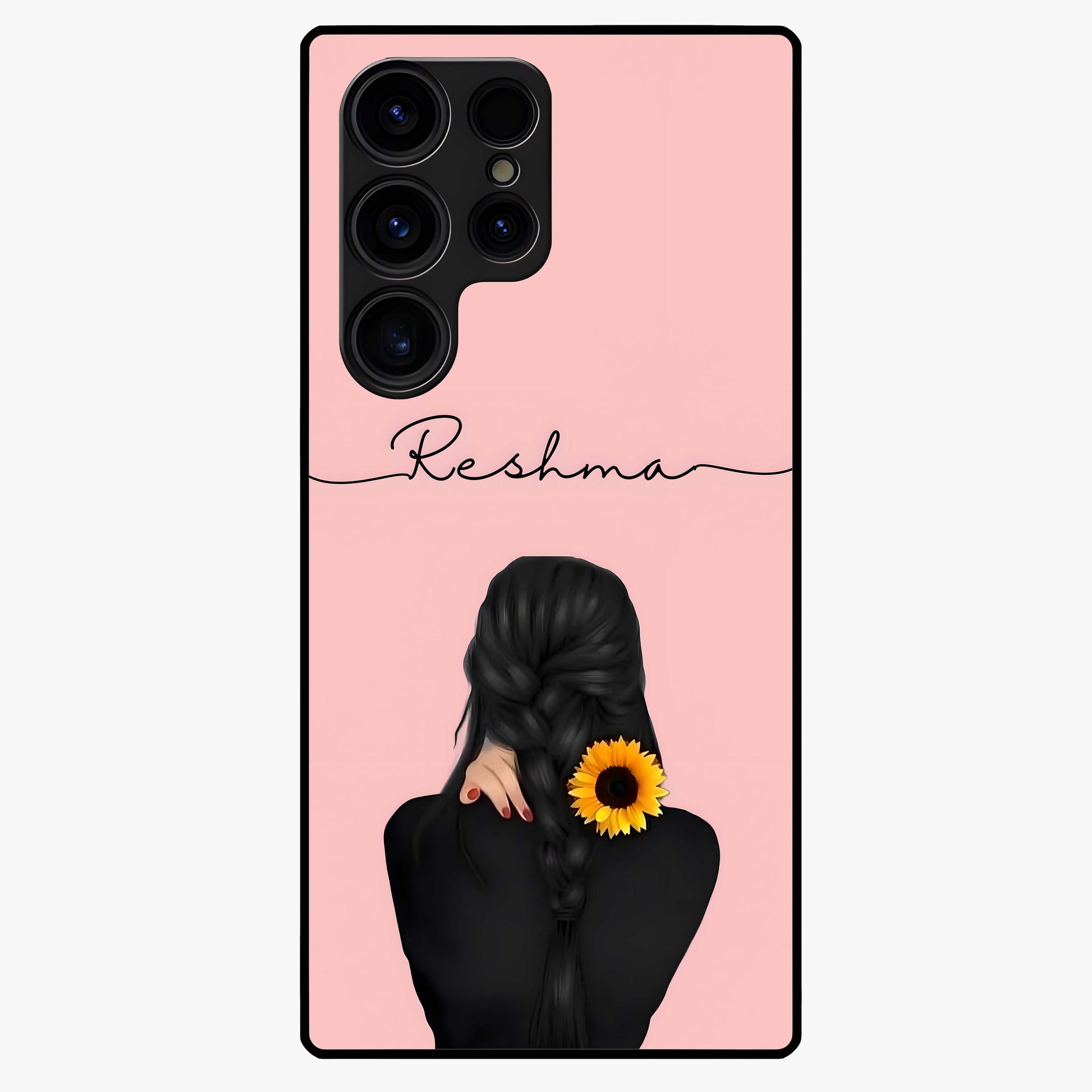 Sunflower Braid Beauty With Custom Name Glass Case showing flat back view with sunflower braid artwork and personalized name design.