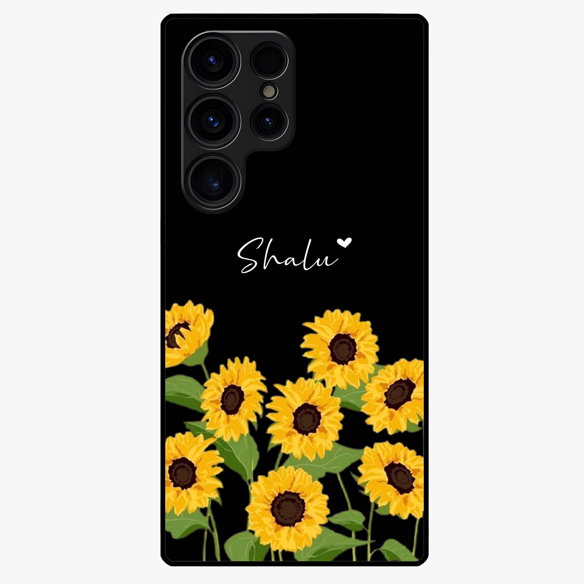 Sunflower Chic Mood Custom Name Glass Case showing flat back view with stylish sunflower artwork and personalized name design.