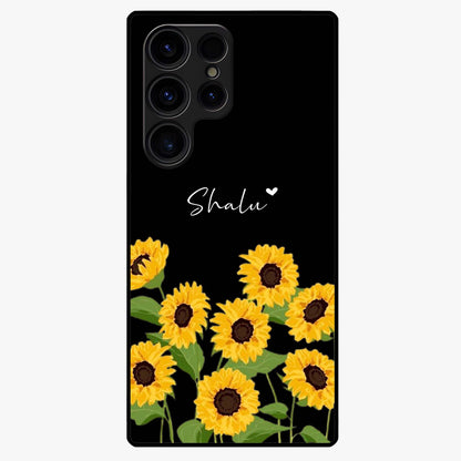Sunflower Chic Mood Custom Name Glass Case showing flat back view with stylish sunflower artwork and personalized name design.