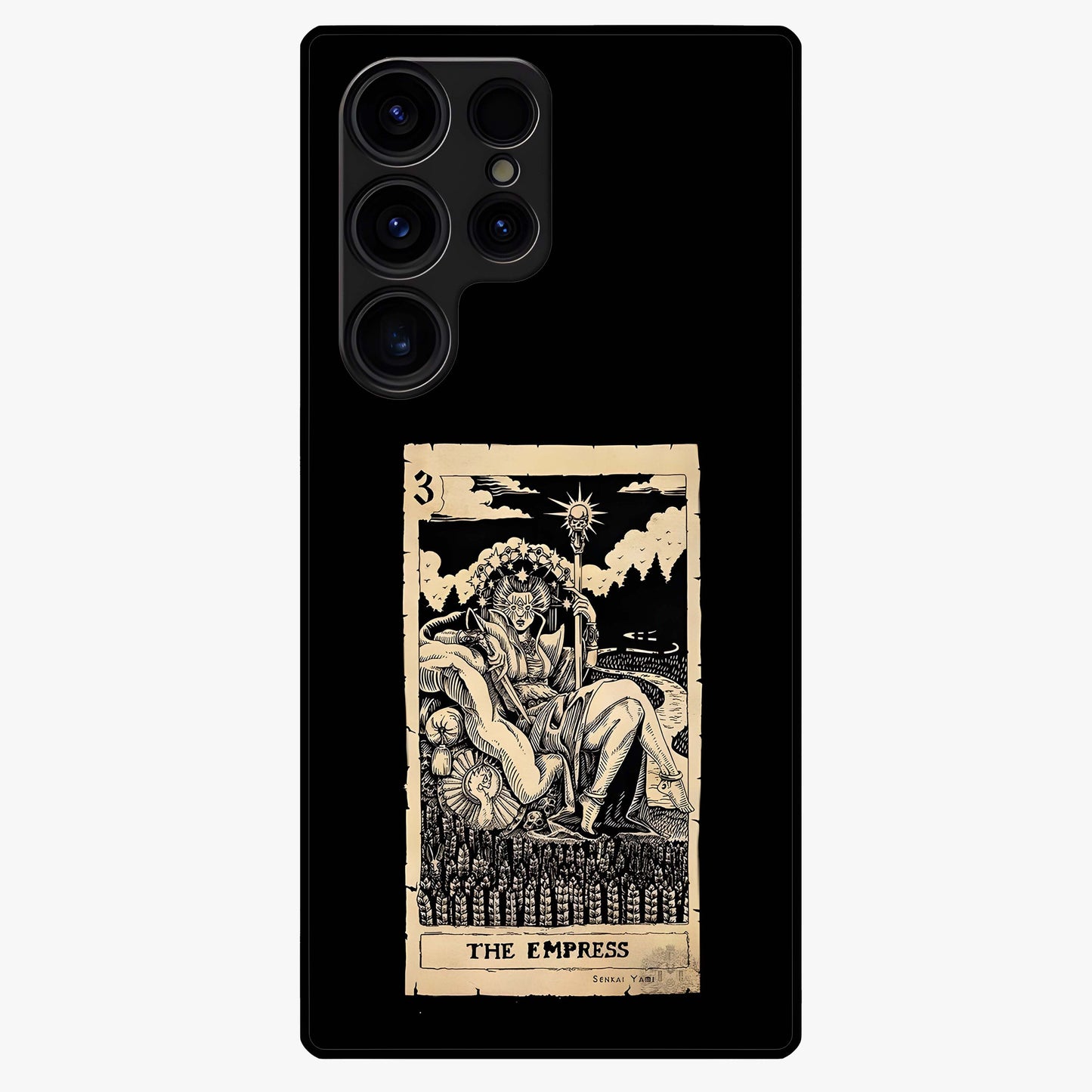 The Empress Glass Case showing flat back view with regal feminine artwork and glossy glass finish.