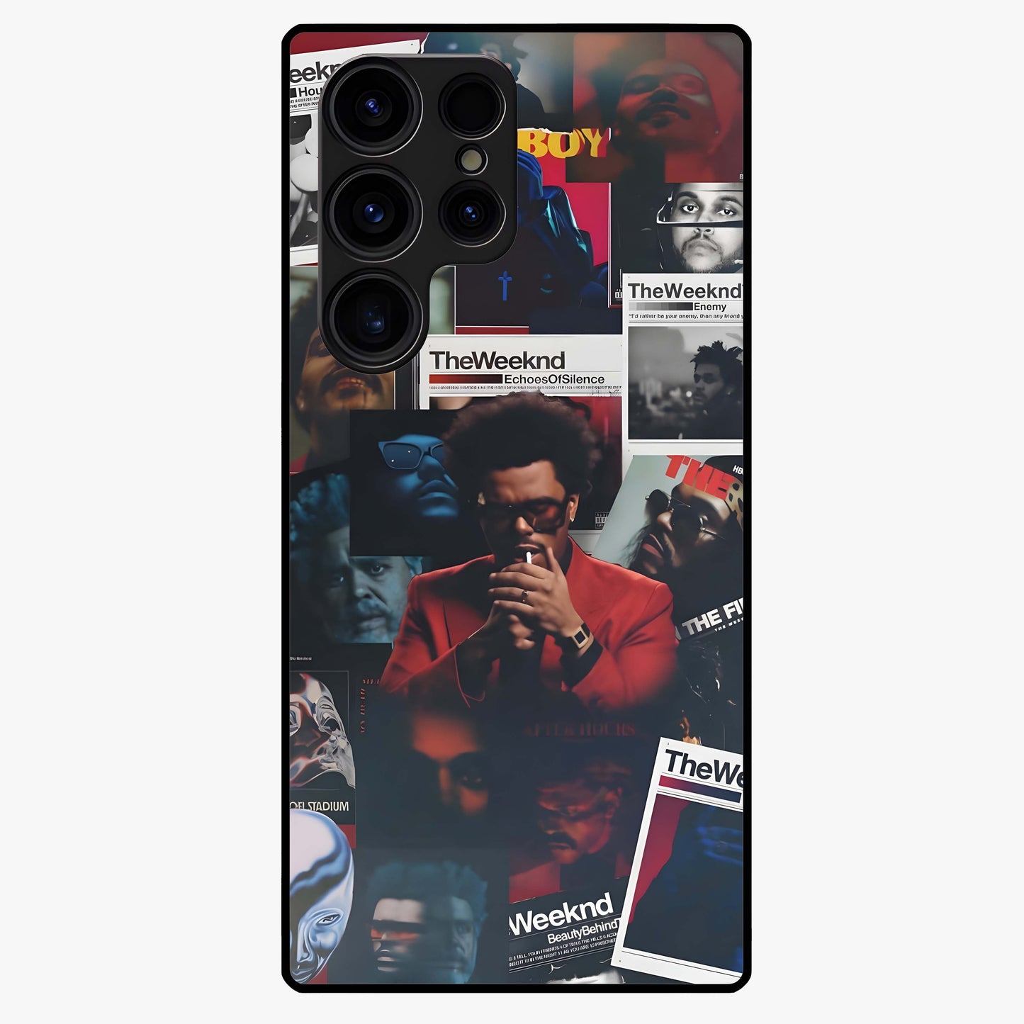 The Weeknd Glass Case showing flat back view with music inspired artistic portrait artwork and glossy glass finish.