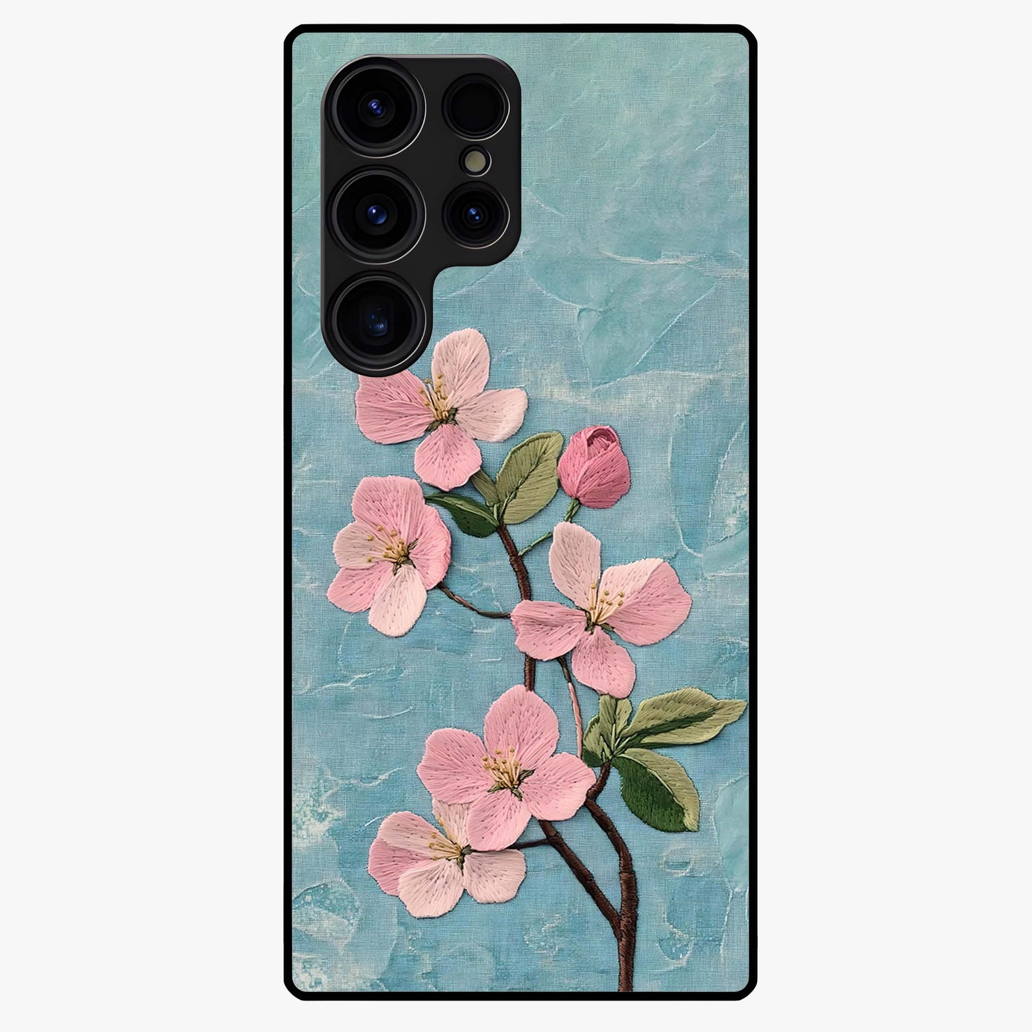 Threaded Blossom Breeze Glass Case showing flat back view with delicate blossom artwork and glossy glass finish.