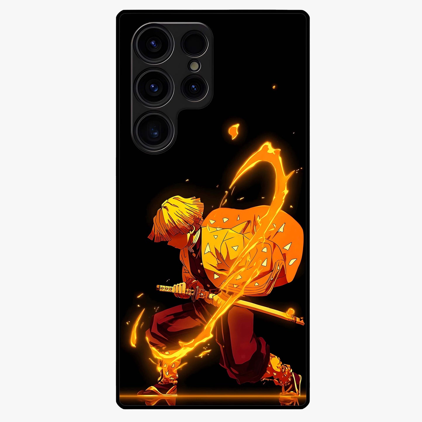 Thunder Flame Execution Glass Case showing flat back view with powerful flame and lightning artwork and glossy glass finish.
