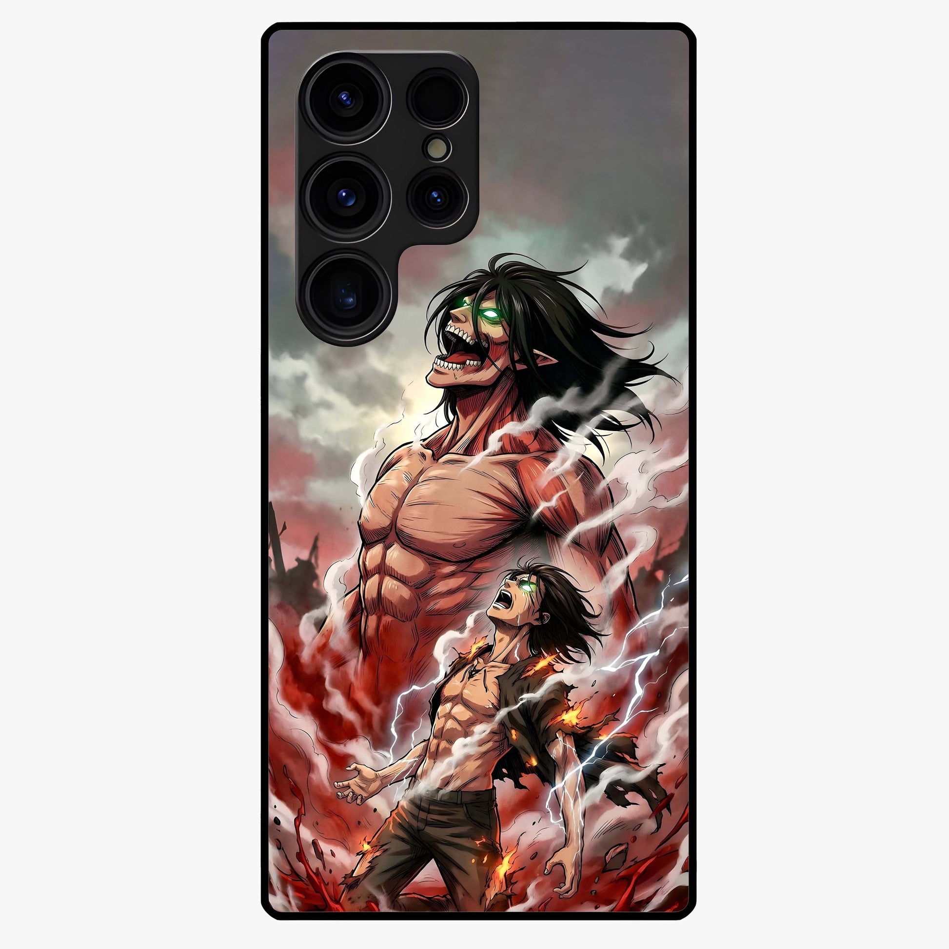 Titan Awakening Fury Glass Case showing flat back view with powerful titan inspired artwork and glossy glass finish.