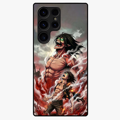 Titan Awakening Fury Glass Case showing flat back view with powerful titan inspired artwork and glossy glass finish.