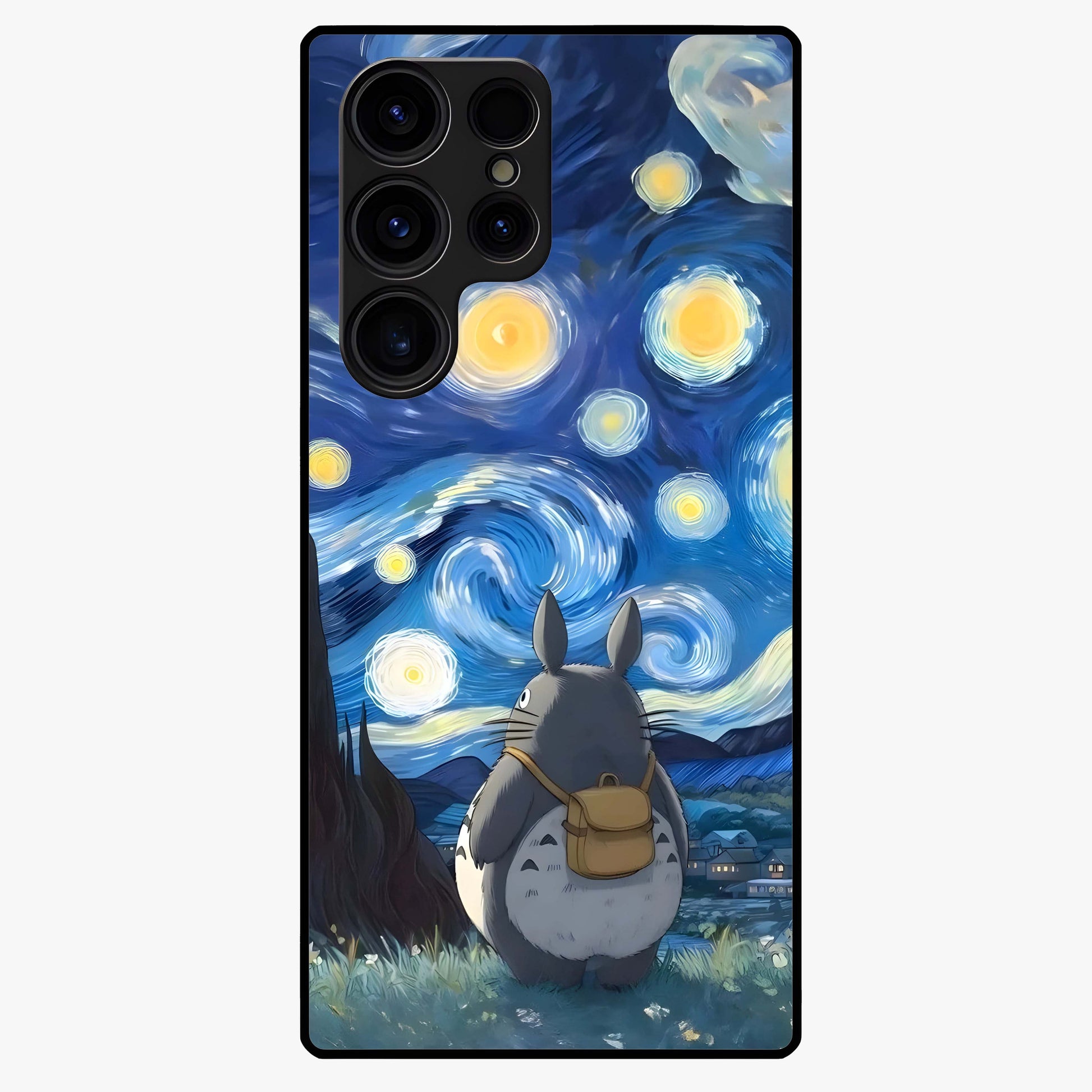 Totoro In Van Gogh Art Glass Case showing flat back view with whimsical character artwork inspired by Van Gogh style and glossy glass finish.
