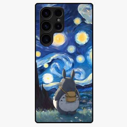 Totoro In Van Gogh Art Glass Case showing flat back view with whimsical character artwork inspired by Van Gogh style and glossy glass finish.