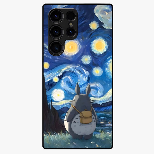 Totoro In Van Gogh Art Glass Case showing flat back view with whimsical character artwork inspired by Van Gogh style and glossy glass finish.