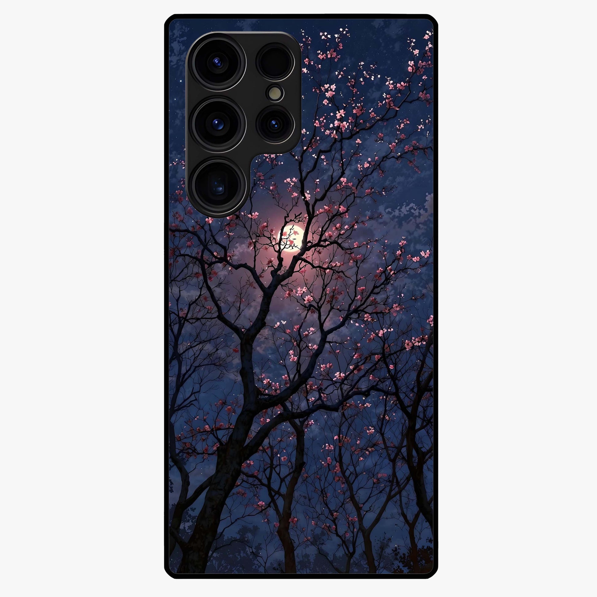 Twilight Sakura Serenade Glass Case showing flat back view with cherry blossom artwork at twilight and glossy glass finish.