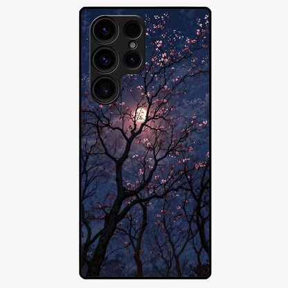 Twilight Sakura Serenade Glass Case showing flat back view with cherry blossom artwork at twilight and glossy glass finish.