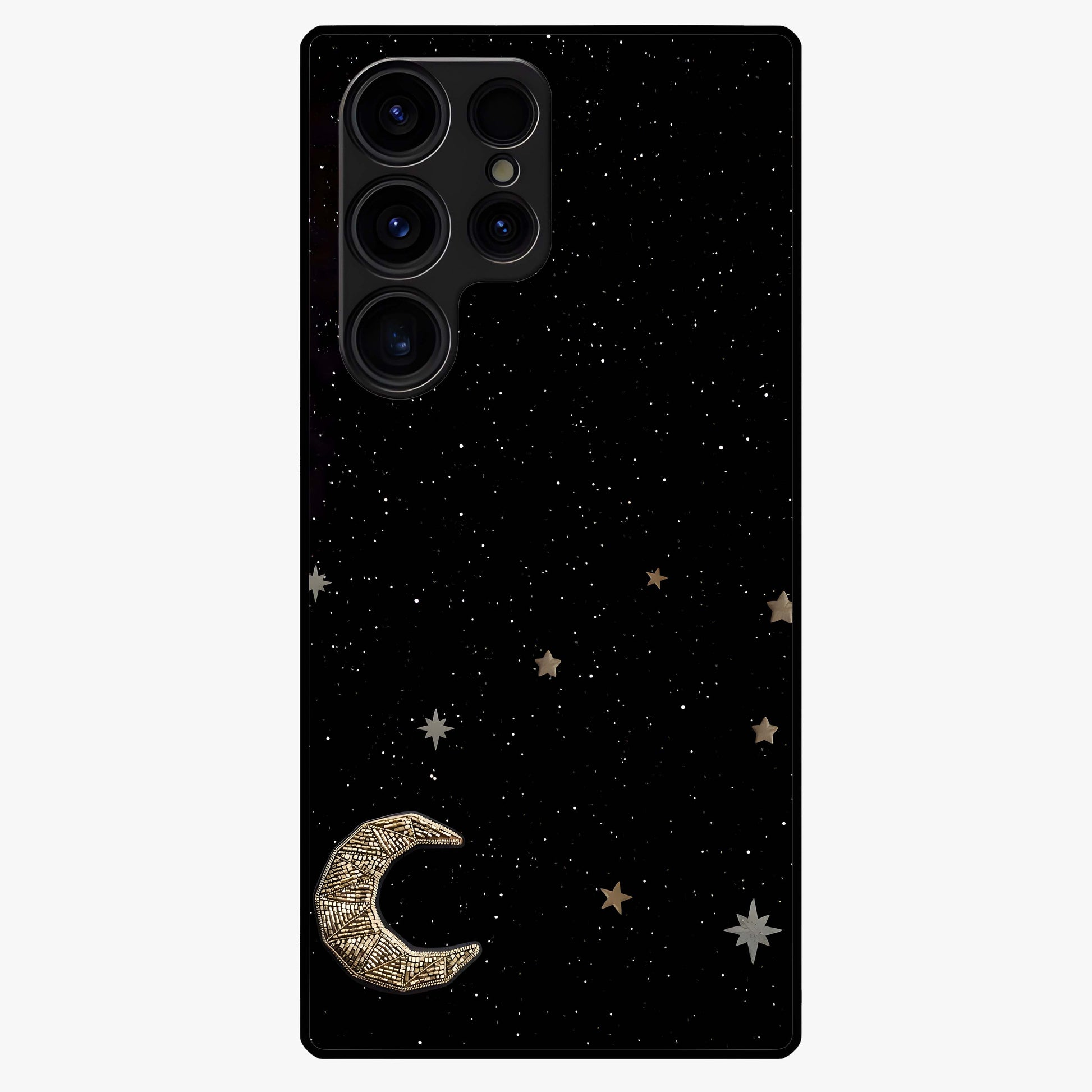 Twinkle Star With Half Moon Glass Case showing flat back view with star and half moon artwork and glossy glass finish.