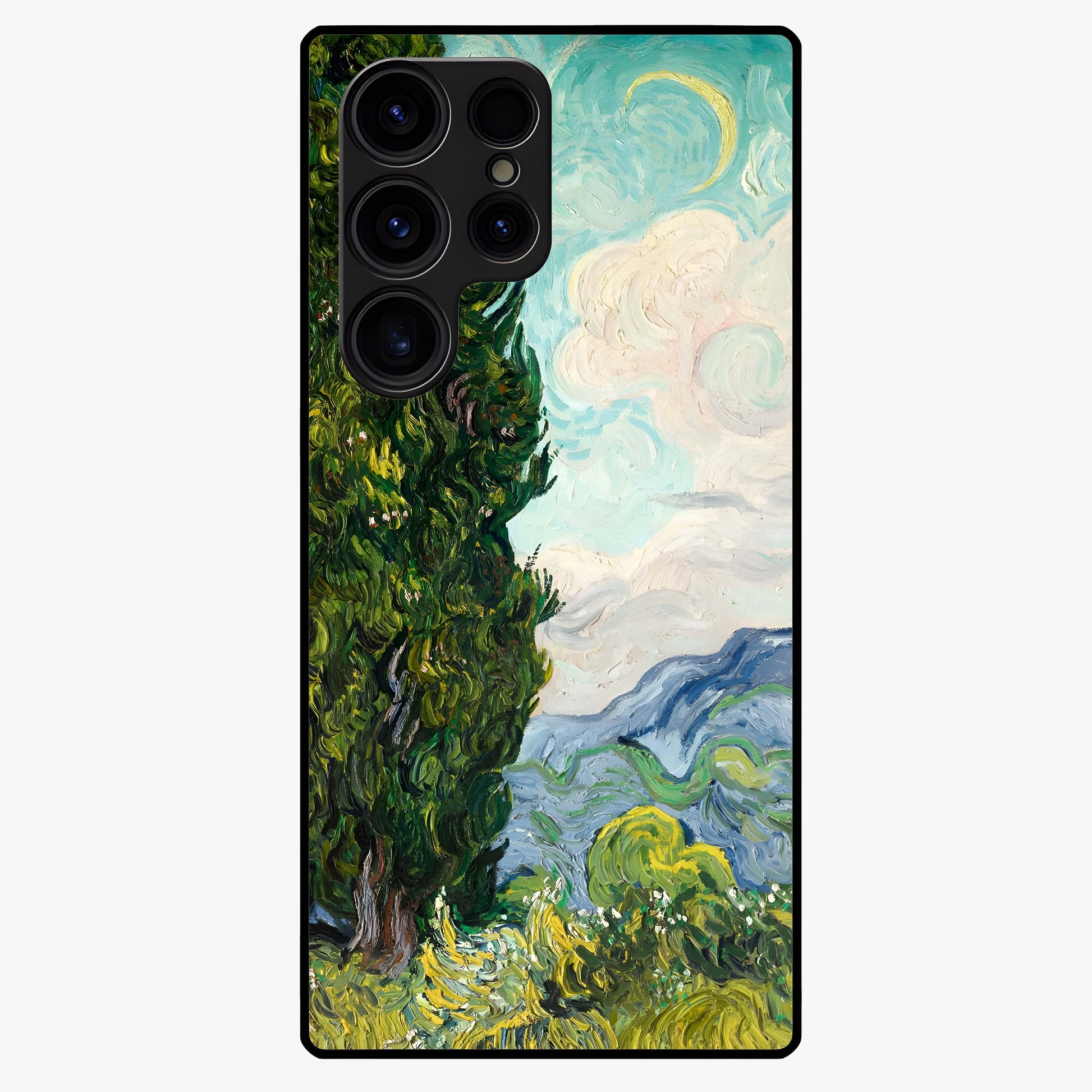 Van Gogh Vintage Art Glass Case showing flat back view with vintage painterly artwork inspired by Van Gogh style and glossy glass finish.