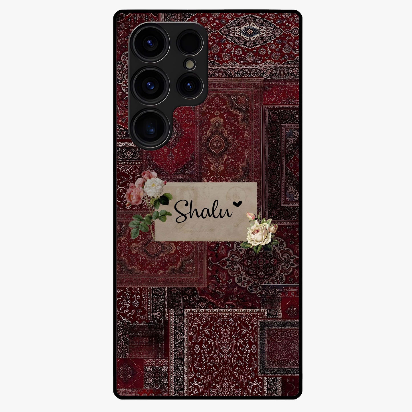 Velvet Wine Pattern Custom Name Glass Case showing flat back view with elegant wine colored pattern artwork and personalized name design.