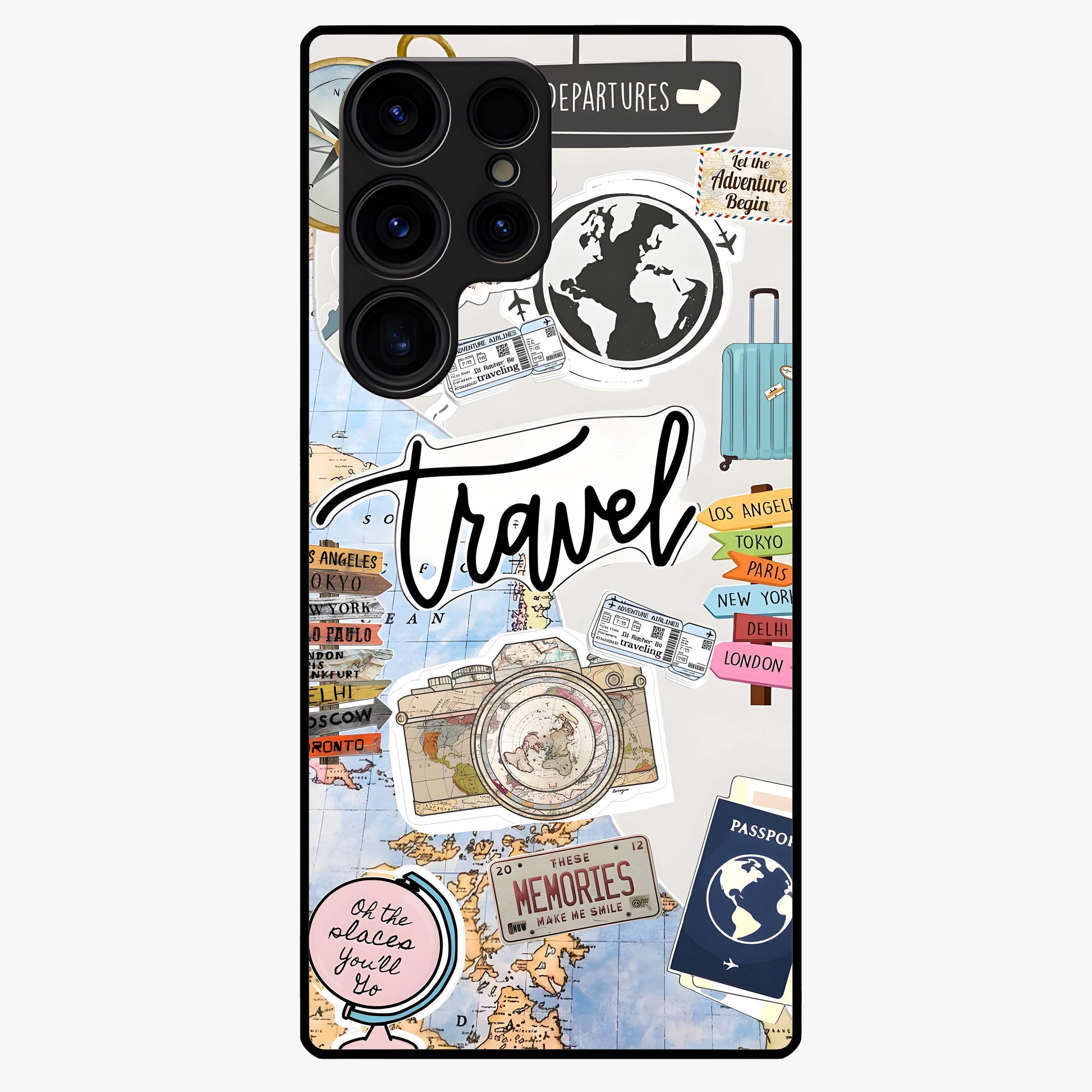 Wanderlust Journal Glass Case showing flat back view with travel inspired artwork and glossy glass finish.