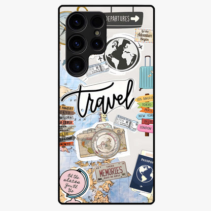 Wanderlust Journal Glass Case showing flat back view with travel inspired artwork and glossy glass finish.