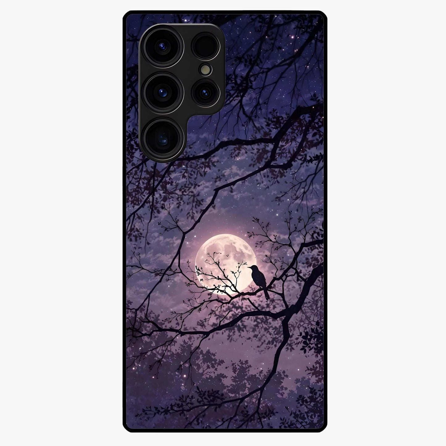 Whispering Moon Silence Glass Case showing flat back view with serene moon themed artwork and glossy glass finish.