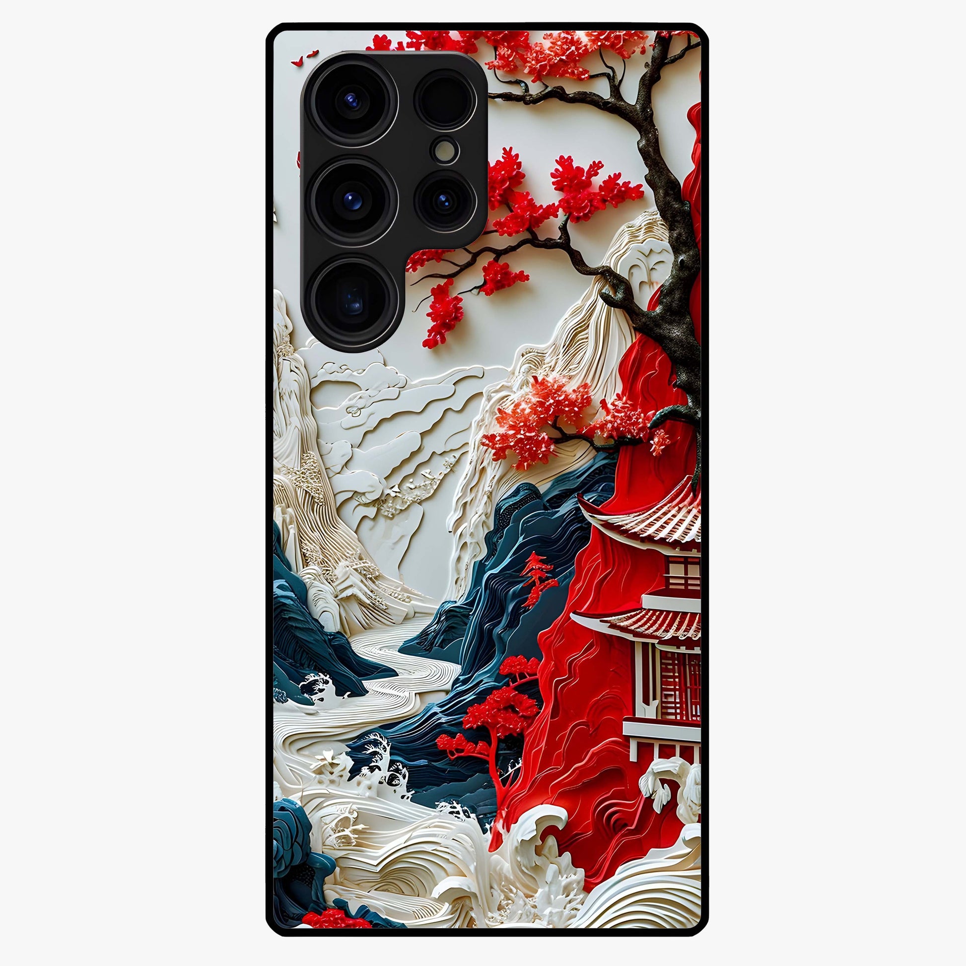 Whispers Of Sakura Waves Glass Case showing flat back view with cherry blossom wave artwork and glossy glass finish.