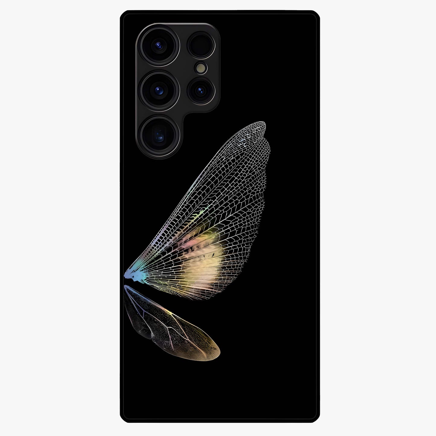 Whispers Of Wings Glass Case showing flat back view with graceful wing inspired artwork and glossy glass finish.