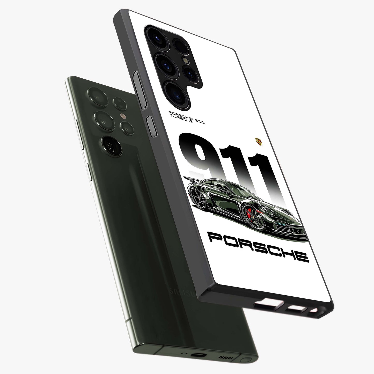 911 Turbo Dominance Glass Case displayed in premium angled mockup highlighting sporty car illustration and sleek glass surface.