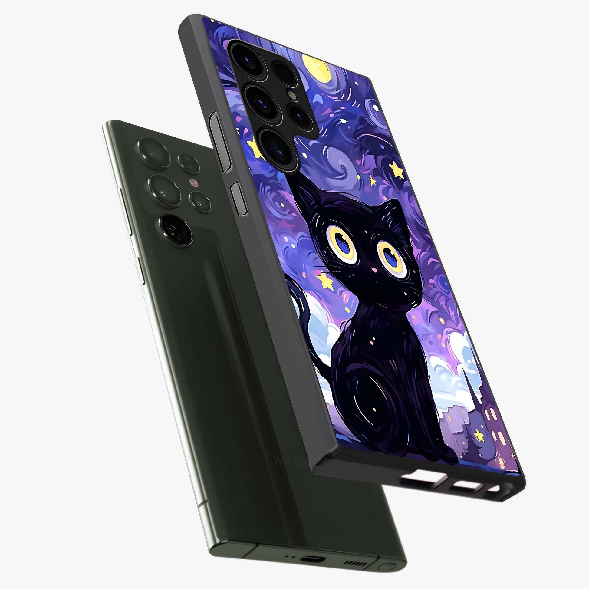 Abstract Cat Art Glass Case displayed in angled mockup highlighting modern abstract cat artwork and sleek glass surface.