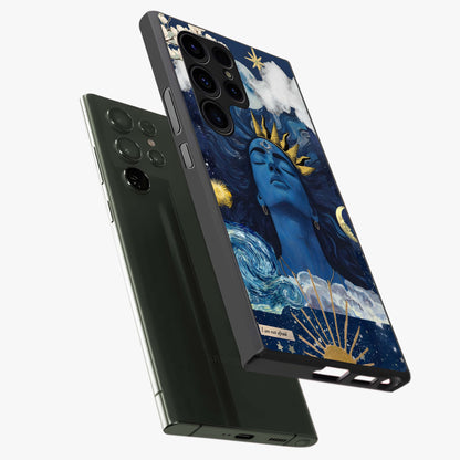 Aesthetic Lord Shiva Glass Case displayed in angled mockup highlighting spiritual Shiva illustration and sacred aesthetic design.