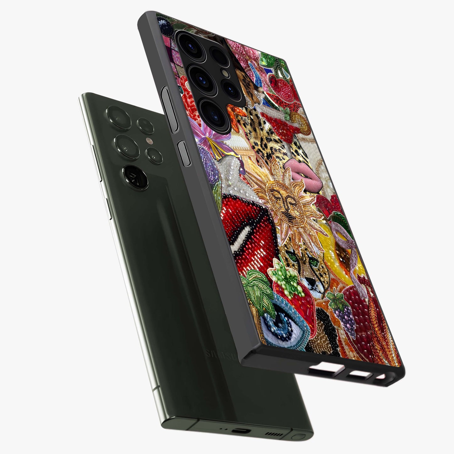 Beaded Fashion Jungle Glass Case displayed in angled mockup highlighting colorful fashion bead design and artistic pattern.