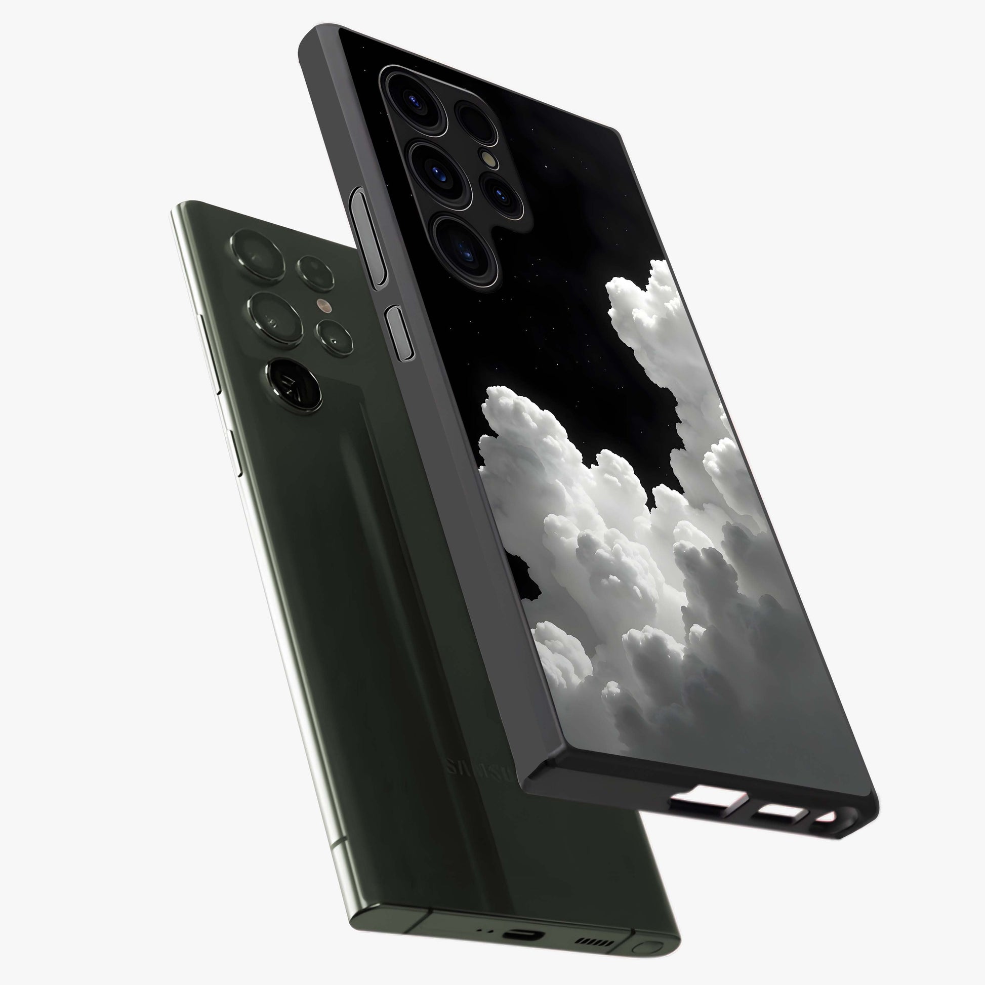 Black Background With White Cloud Glass Case displayed in angled mockup highlighting soft white cloud illustration and minimal design.