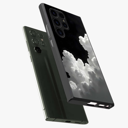 Black Background With White Cloud Glass Case displayed in angled mockup highlighting soft white cloud illustration and minimal design.