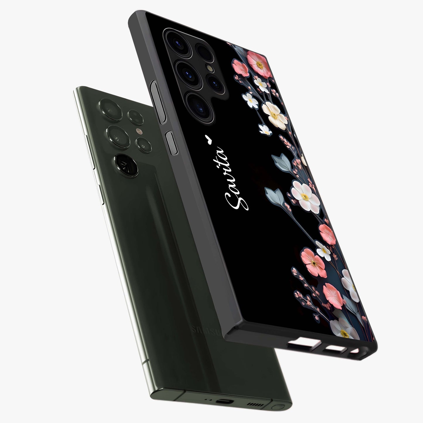 Black Elegance Floral Custom Name Glass Case displayed in angled mockup highlighting dark floral aesthetic and custom name feature.