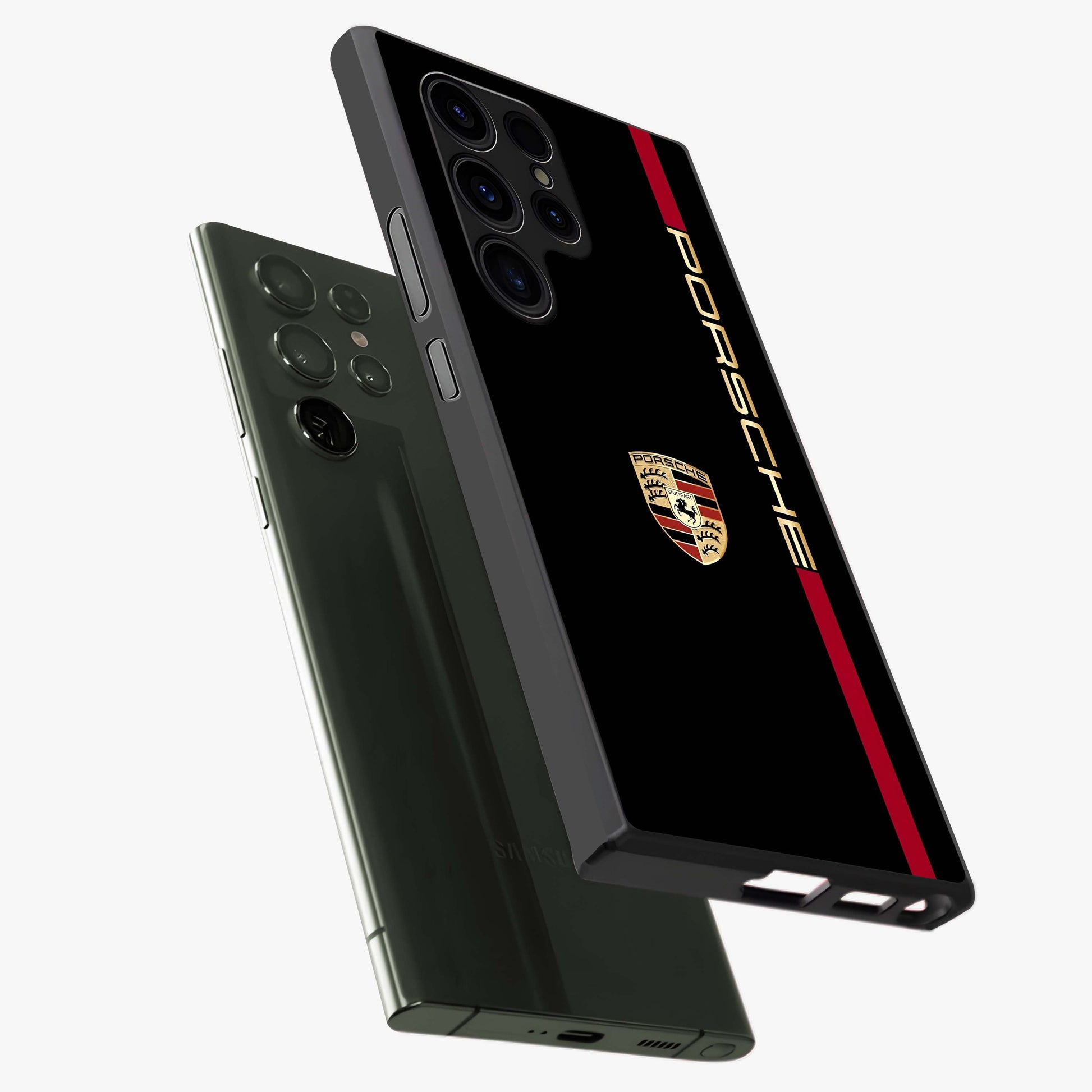 Black Minimal Porsche Glass Case displayed in angled mockup highlighting modern minimal car illustration and clean aesthetic design.