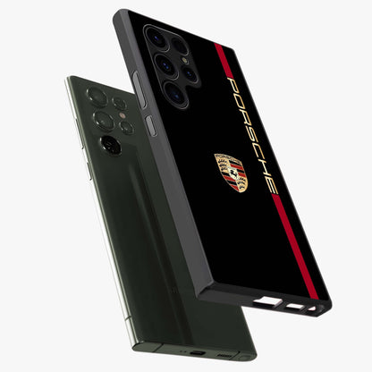Black Minimal Porsche Glass Case displayed in angled mockup highlighting modern minimal car illustration and clean aesthetic design.