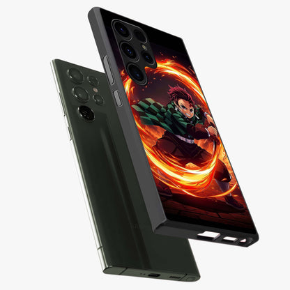 Blazing Sword Resolve Glass Case displayed in angled mockup highlighting powerful sword illustration and bold fantasy theme.
