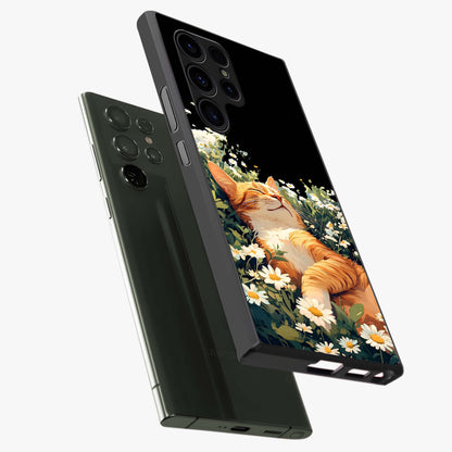 Blissful Bloom Cat Glass Case displayed in angled mockup highlighting playful feline illustration with soft floral aesthetic.